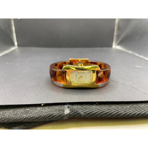 Persona Quartz Watch Women\'s Gold Tone Tortoise Brown Resin Bangle Cuff Bracelet main image 9